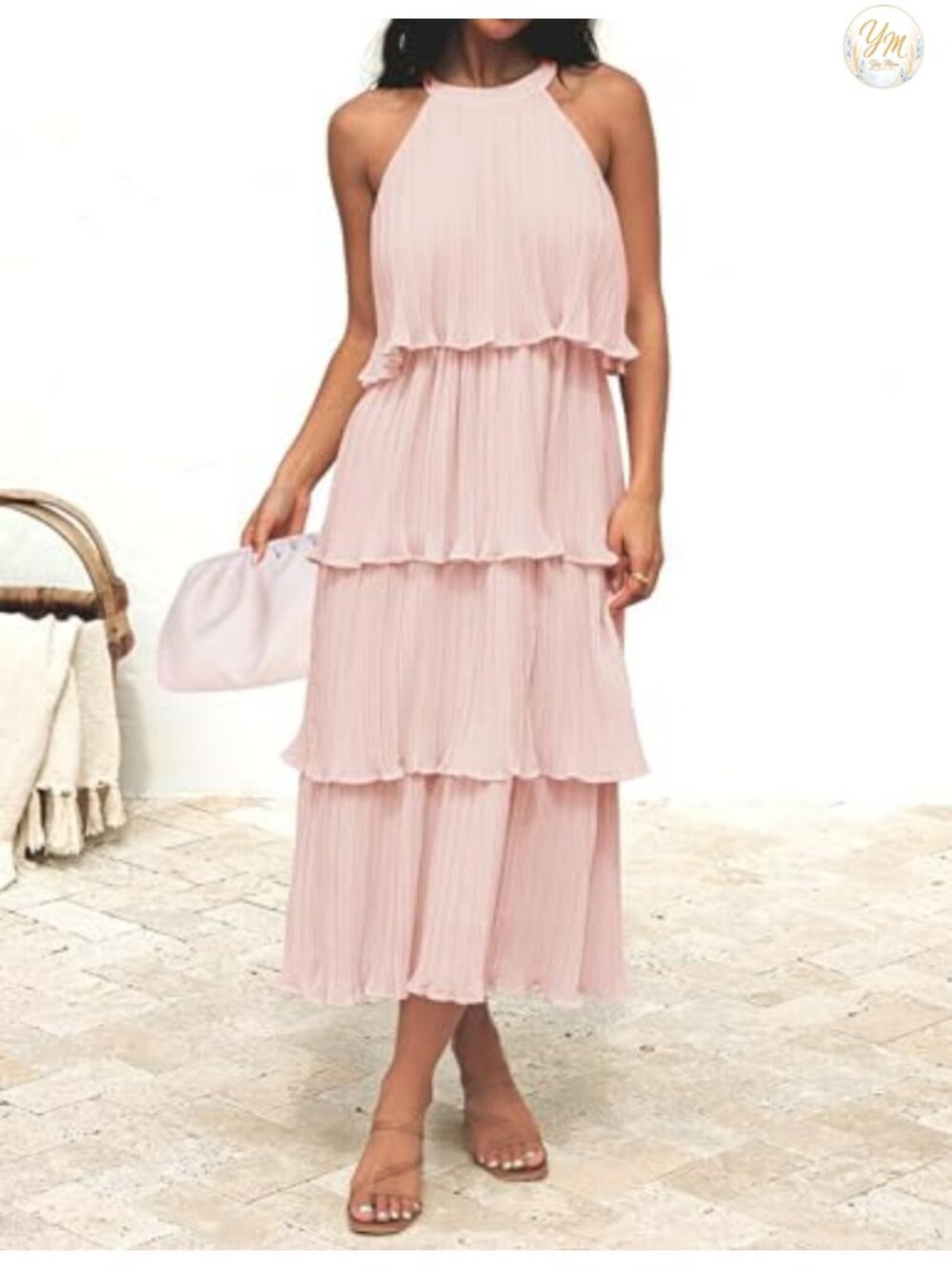 Halter Neck Ruffle Tiered Chiffon Flowy Midi Dress - Picture 3 of 6